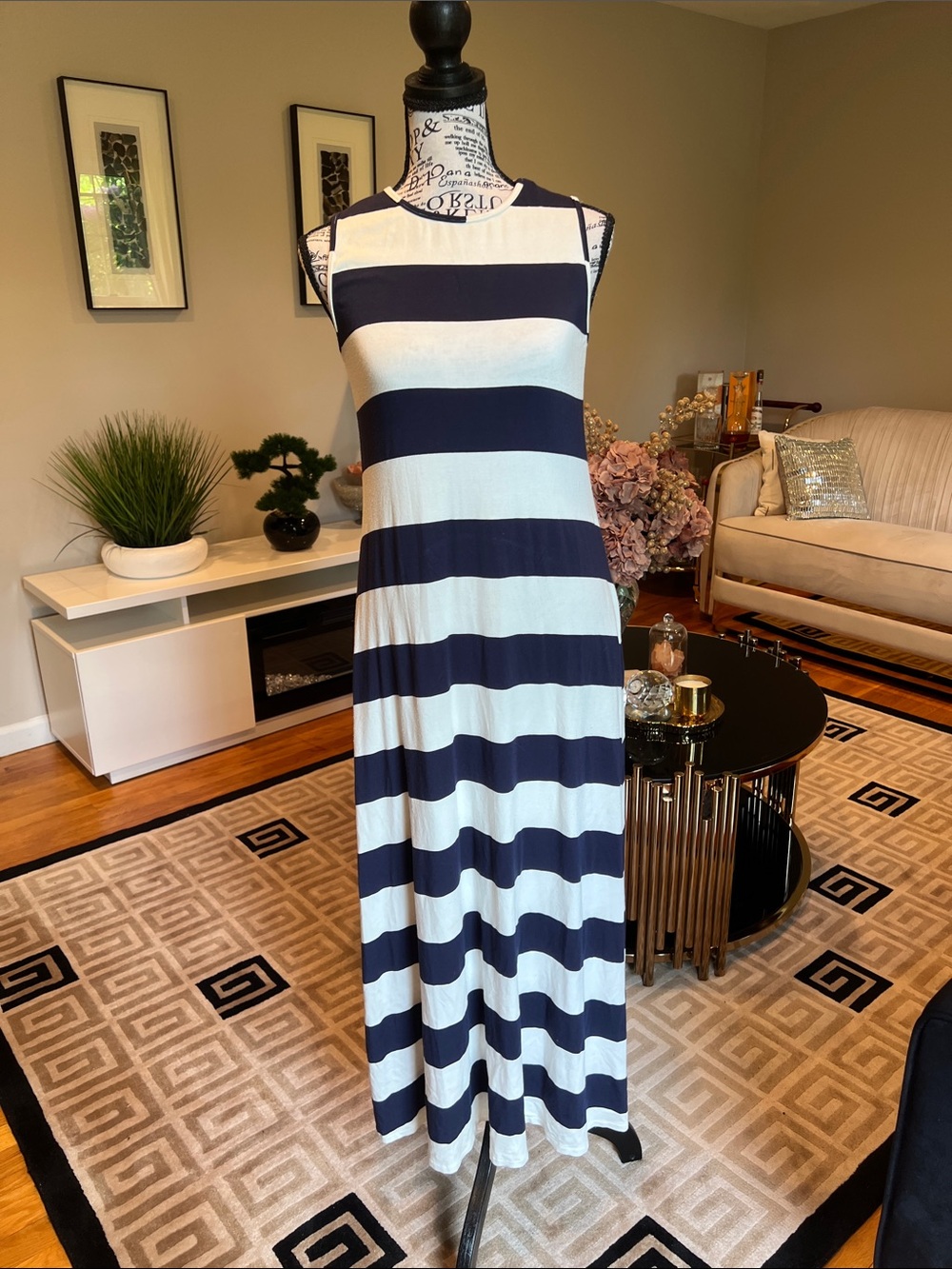 MEG Navy and White Striped Sleeveless Maxi Dress
